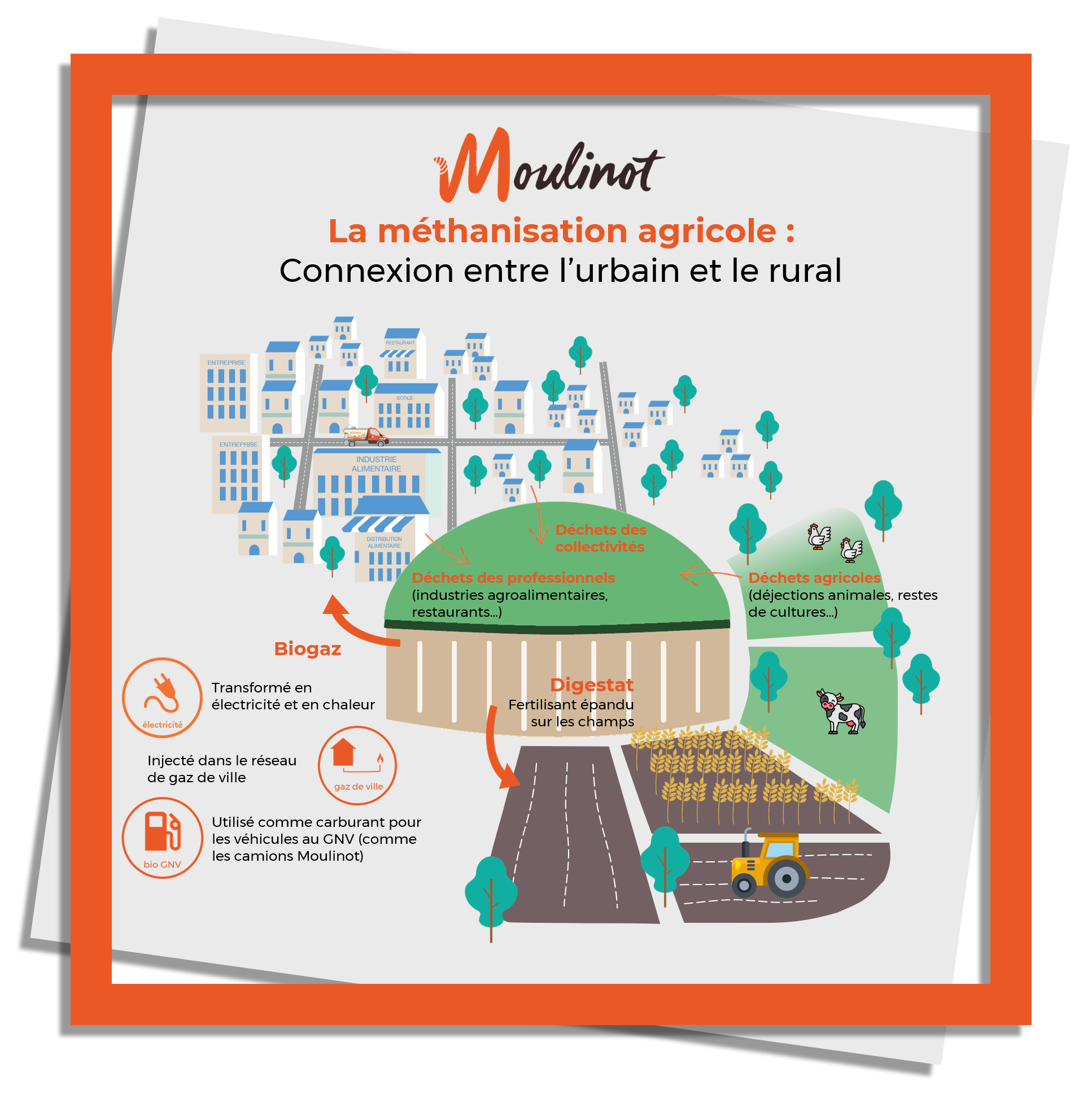 Moulinot collecte les biodéchets et les déchets alimentaires des collectivités et des professionnels (industries agroalimentaires, cantines, restaurants...) en Ile de France et à Paris. Ceux ci sont mélangés avec des déchets agricoles dans un méthaniseurs. Le méthanisation permet de créer du biogaz, injecté dans le réseau de gaz de ville ou utilisé comme carburant pour les véhicules fonctionnant au bioGNV. La matière restante, appelée digestat est utilisée comme fertilisant et épandu sur les champs. Economie circulaire
