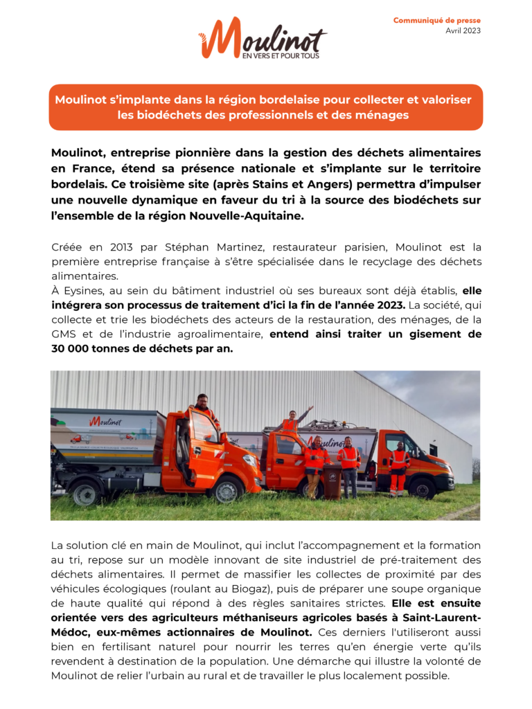 Communiqué de presse sur la collecte et le recyclage des déchets alimentaires par Moulinot en Gironde